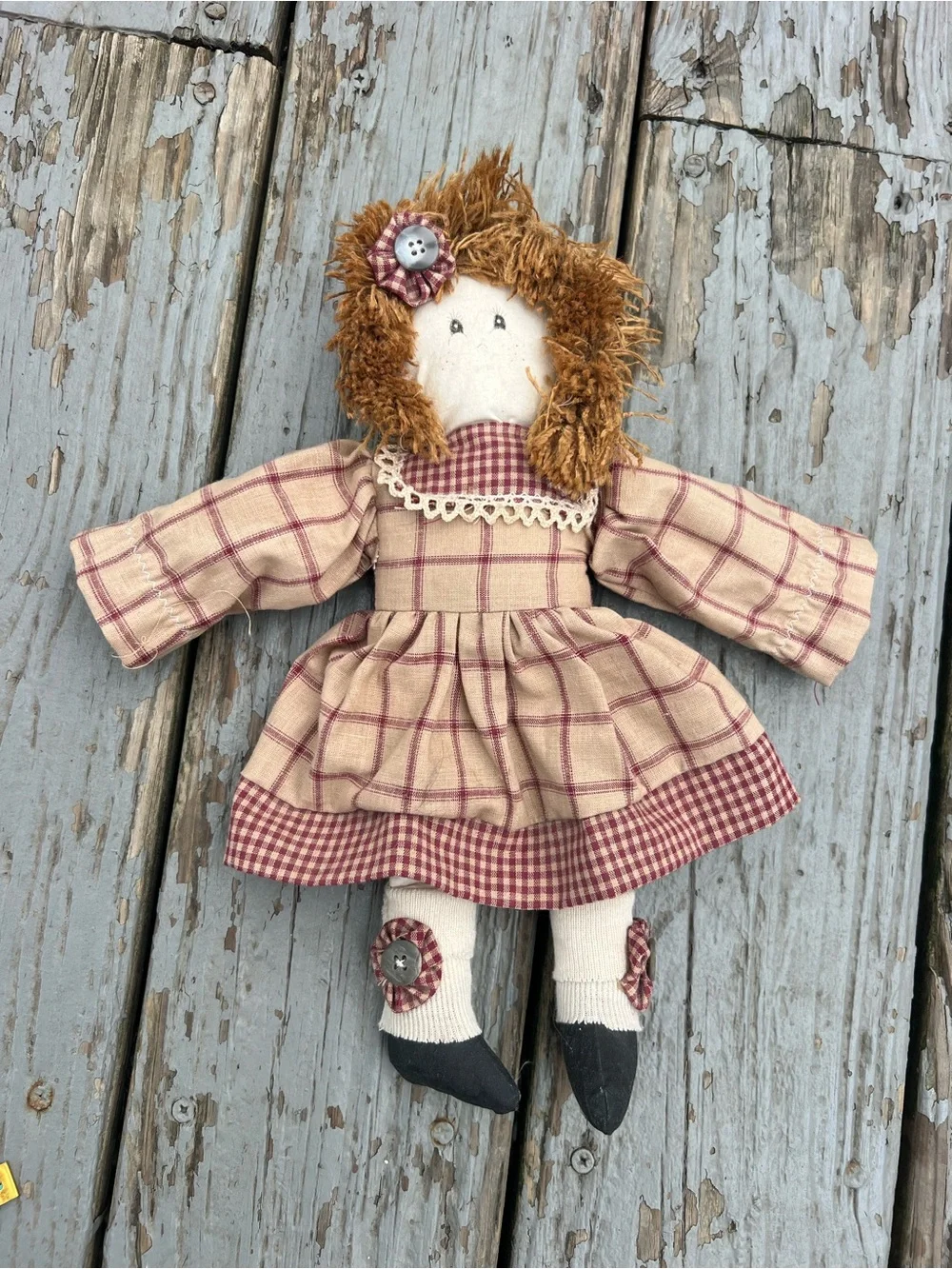 Vintage Beige and Burgundy Plaid Cloth Doll